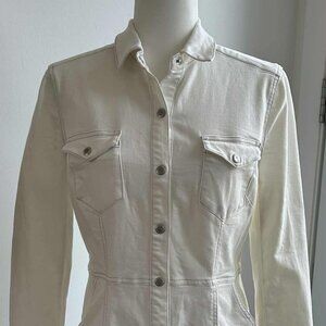 Free People Ivory Stretch Denim Mini Shirt Dress w/ Snap Front & Pockets – US S
